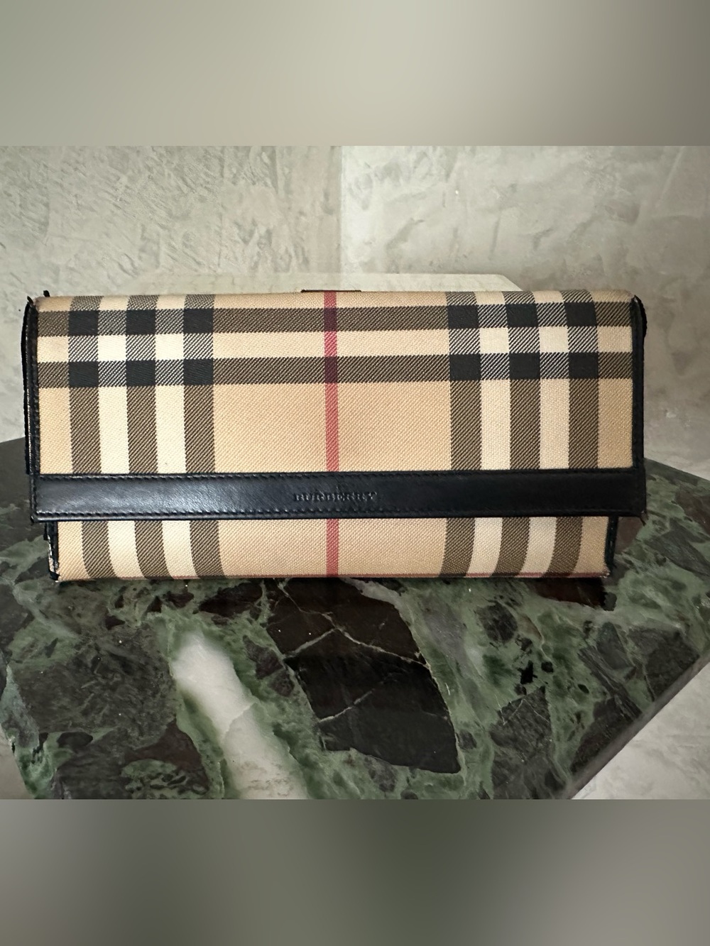 Burberry Beige Black Tan Check Clutch with Red Stripe